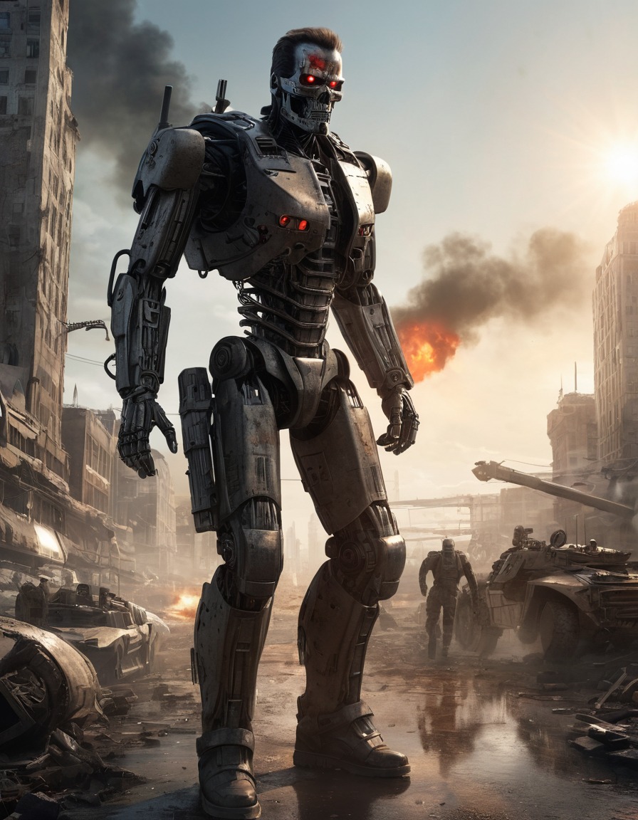 t-800 terminator, cyborg, futuristic, city, war, destruction, artificial intelligence, robots, games, movies