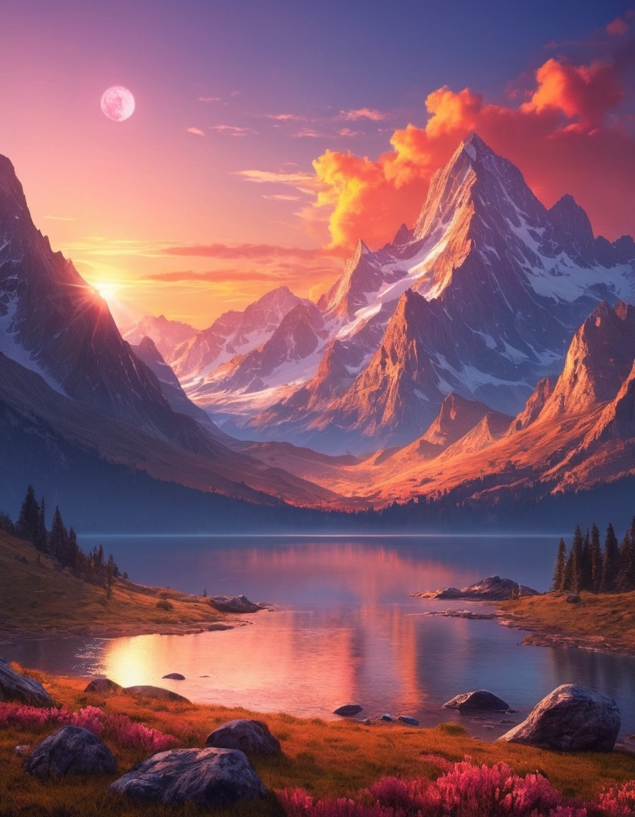 sunset, mountain range, vibrant colors, nature, landscape