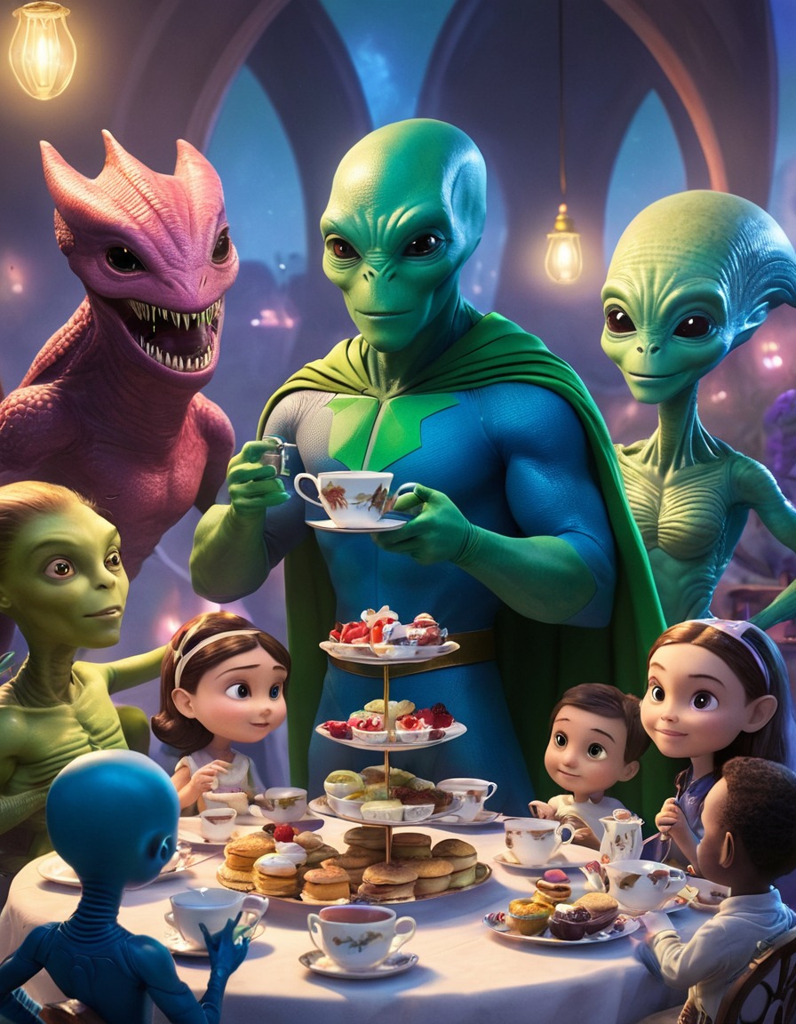 superhero, tea party, aliens, extraterrestrial beings