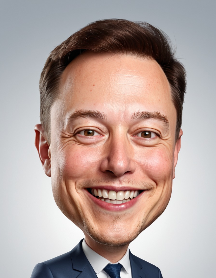 elon musk, big head, crazy smile, caricature, entrepreneur, tech industry, humor