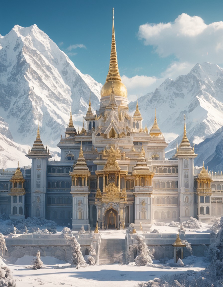 palace, ornate, gilded, mountains, snow-capped