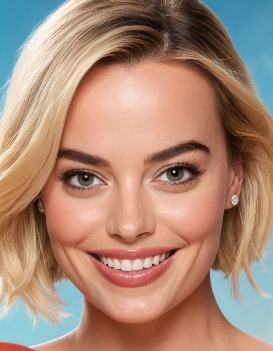 margot robbie, big nose, huge smile, very big forehead, huge eyes, actress, celebrity