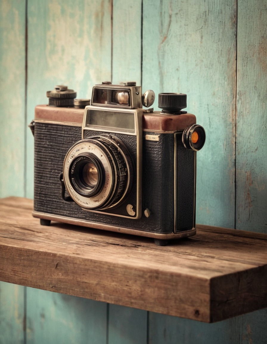 retro, film camera, weathered, wooden shelf