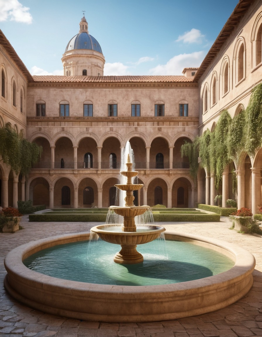 romanesque architecture, courtyard, fountain, european architecture, architecture