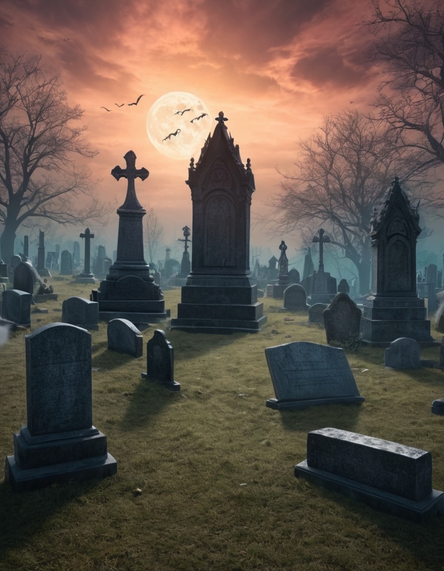 haunted graveyard, ghostly apparitions, tombstones, fantasy scene, supernatural, spiritual entities