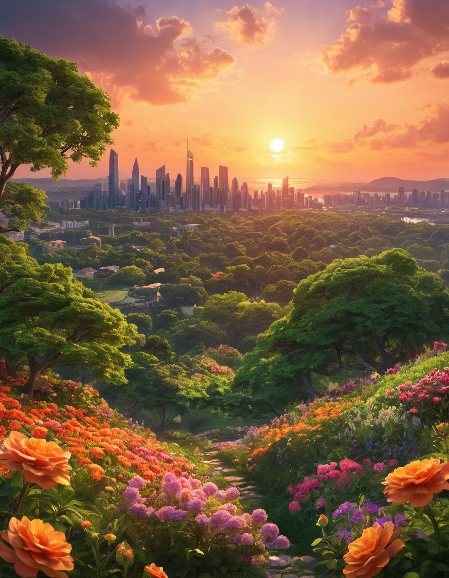 sunset, skyline, green trees, vibrant flowers, nature, city