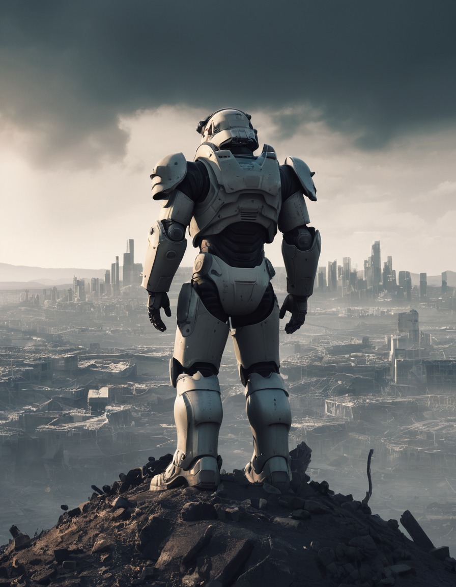 science fiction, post-apocalyptic, power armor, warrior, cityscape, fallout, games, tv shows