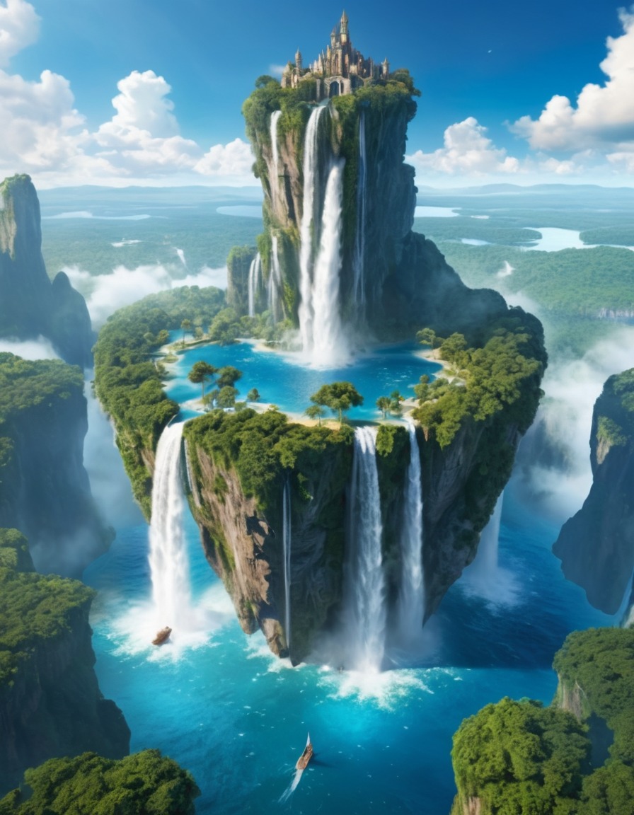 floating island, sky, waterfalls, fantasy, scenic view, nature, mystical