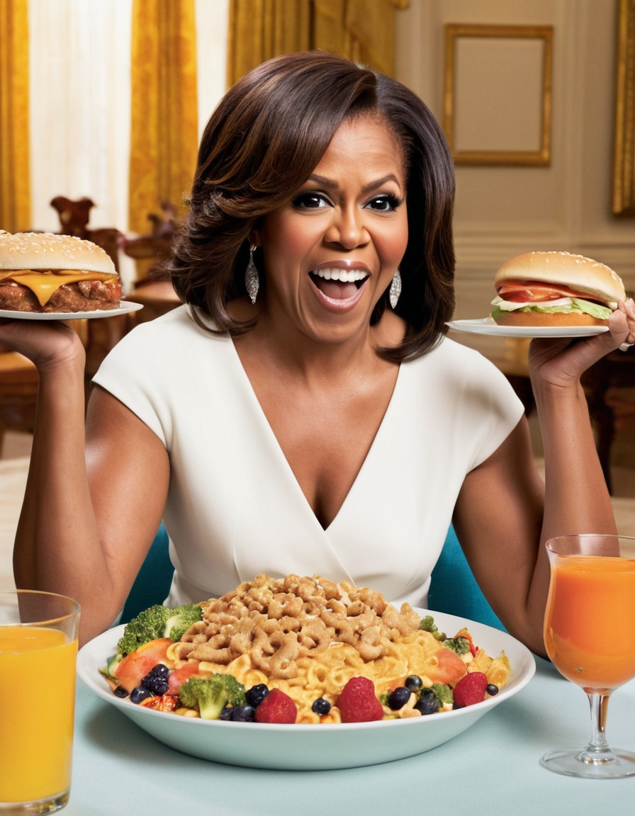 michelle obama, playful, oversized meal, humor, fat