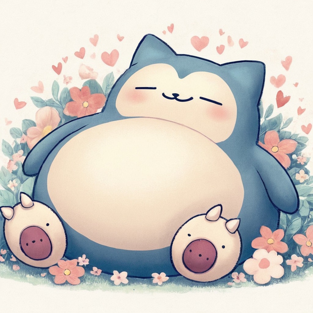 fanart, videogamefanart, pokemon, nintendo, anime, asleep, copilot, dalle3, flowers, relax, snorlax, aiart