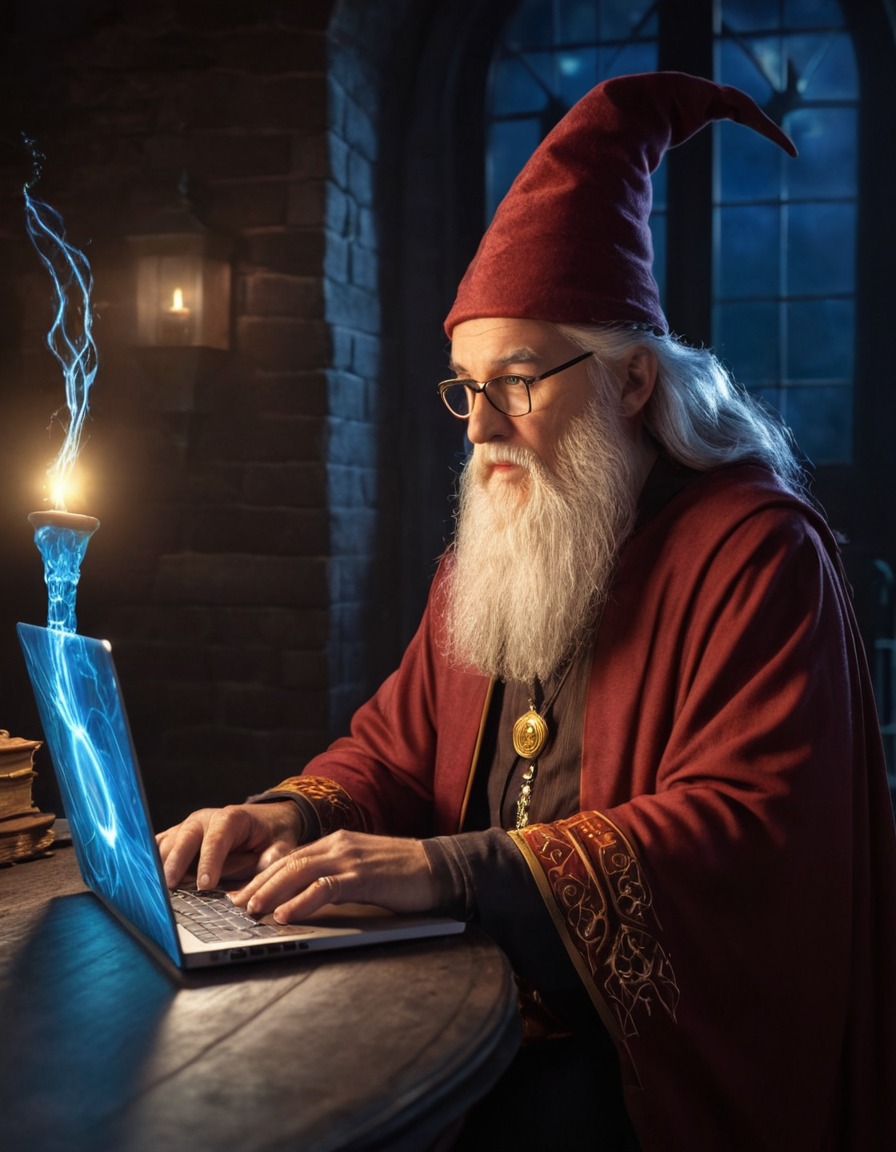 magic, wizard, laptop, technology, fantasy, medieval, art