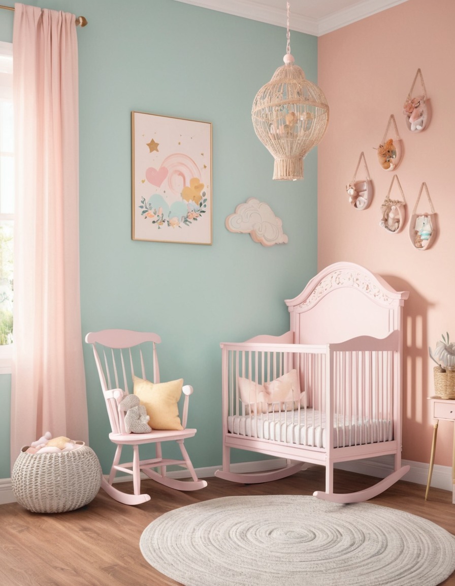 nursery, pastel colors, rocking chair, crib, home, interior