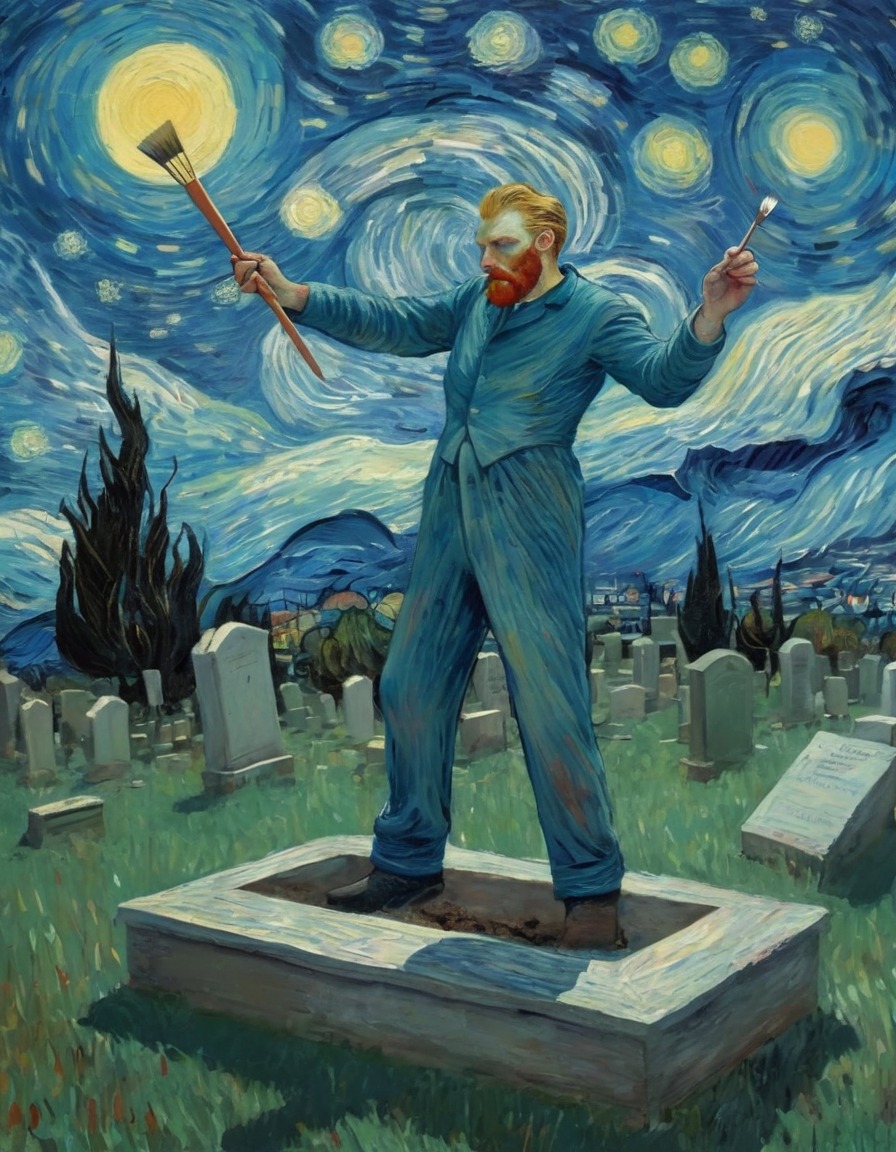 vincent van gogh, resurrection, graveyard, painting, colors, moonlit night, art, zombie