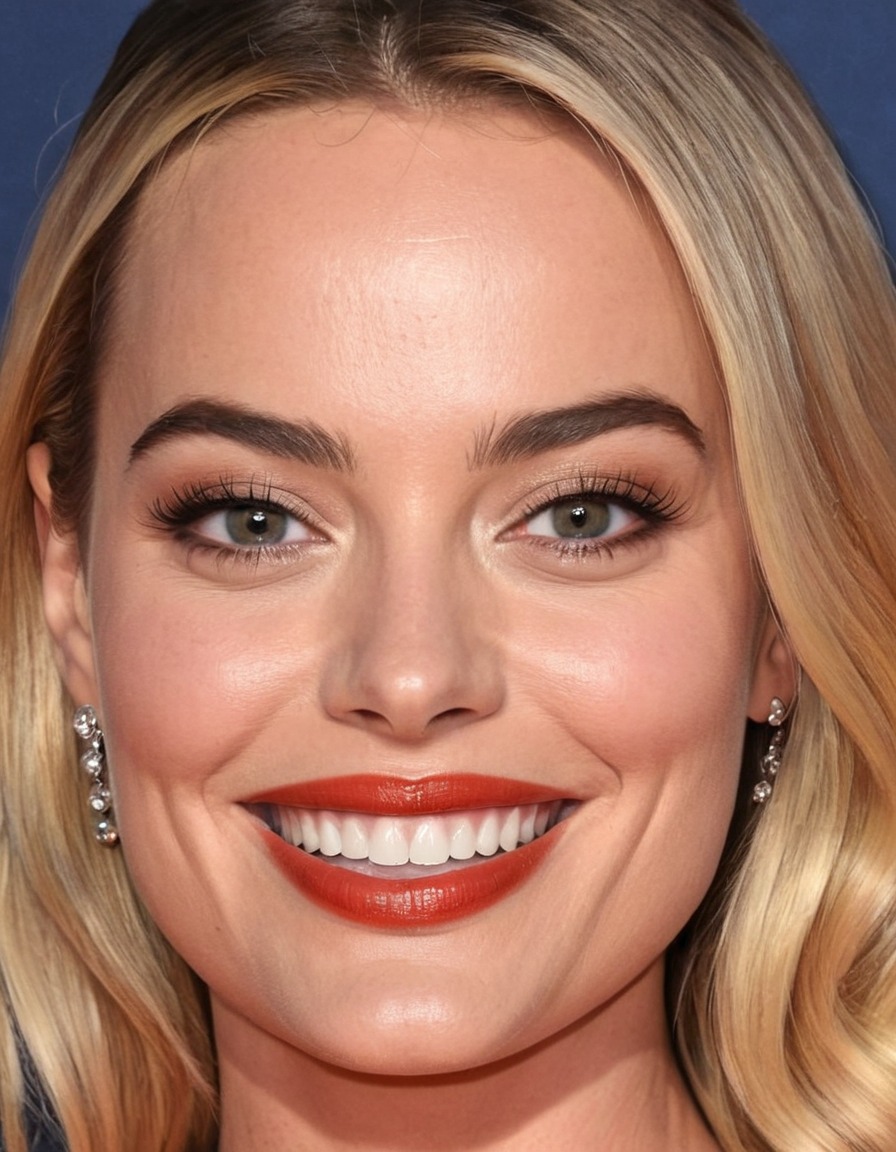 margot robbie, big nose, huge smile, very big forehead, huge eyes, actress, celebrity