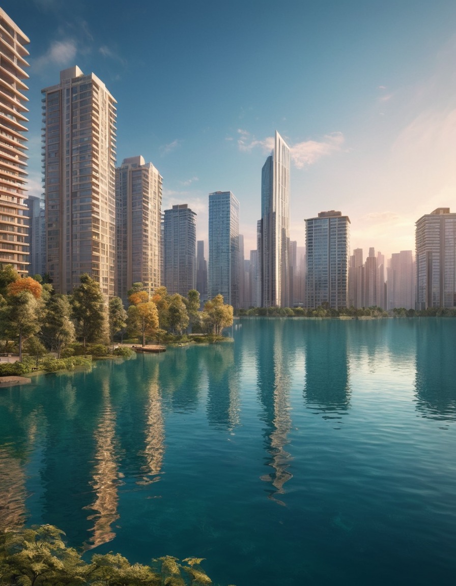 cityscape, architecture, urban development, skyscrapers, skyline, lake, reflection, nature, city