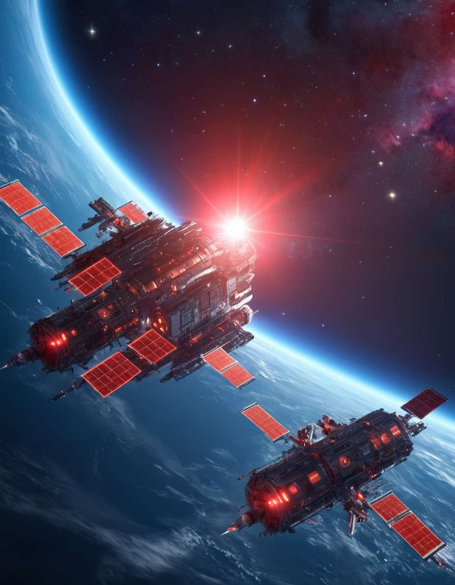 space station, orbiting, mysterious, glowing red star, outer space, sci-fi, astronomy