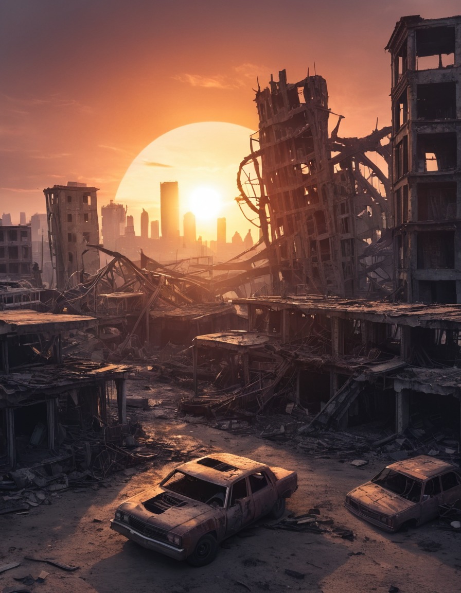 post-apocalyptic, urban decay, destruction, abandoned buildings, sunset, fallout, games, tv shows, amazon prime