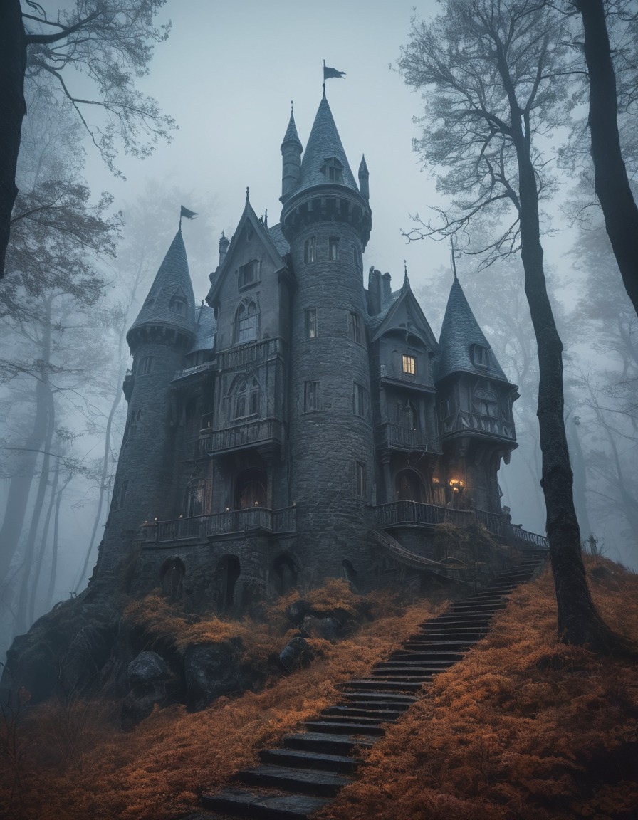 haunted castle, dark forest, ghoulish creatures, spooky atmosphere, fantastic