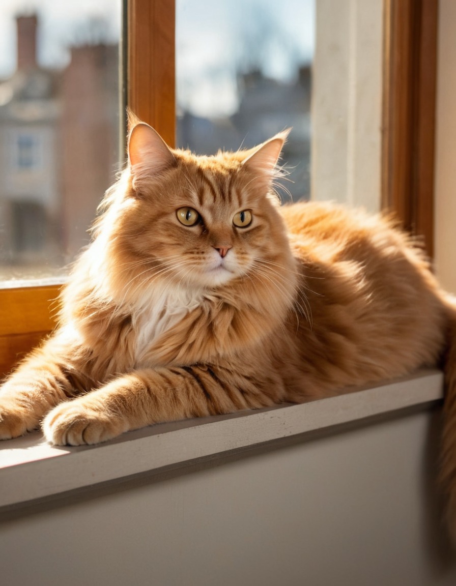 cat, fluffy, windowsill, sunlit, home, interior