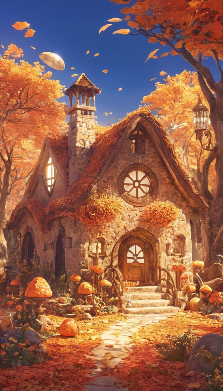 digitalart, magic, digitalpainting, forest, fairytale, anime, autumncolors, cottage, digitalartwork, download, enchanting, epicfantasy, fantasy, fantasyillustration, illustration, leaves, mushroom, orange, scenery, aiart, cottagecore