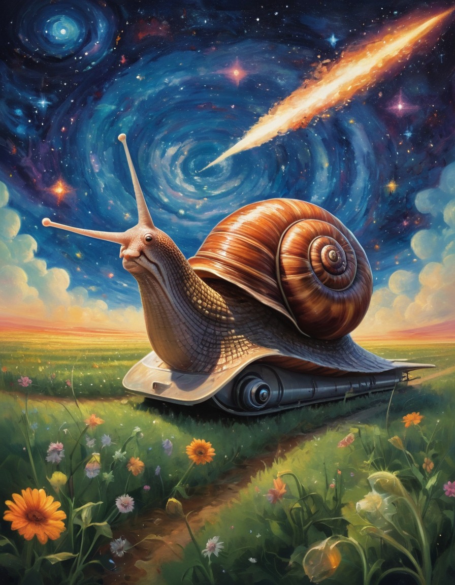 space race, giant snail, rocket ship, stars, competition, surreal