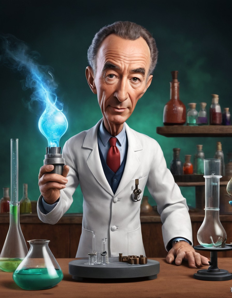 robert oppenheimer, mad scientist, caricature, science experiment, humor, funny