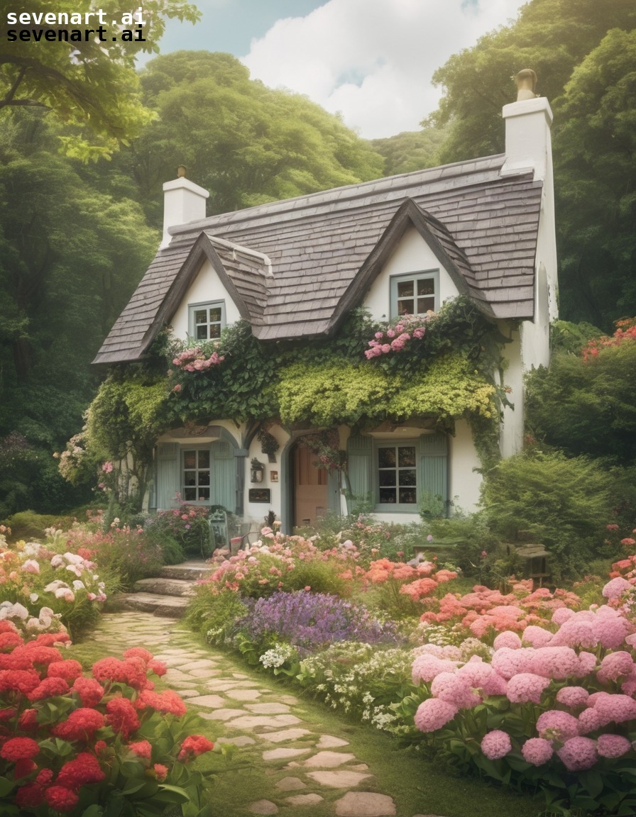 cottage, flowers, garden, lush greenery, peaceful, house, home