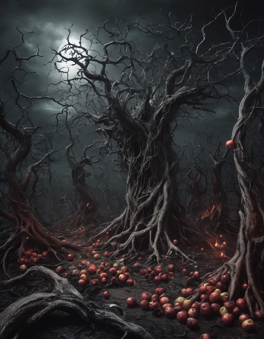 twisted trees, cursed fruit, hell, inferno, dark fantasy, supernatural, demonic imagery