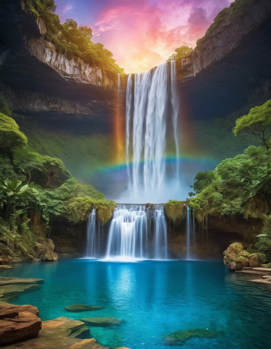 rainbow, waterfall, pool, water nymphs, fantastic