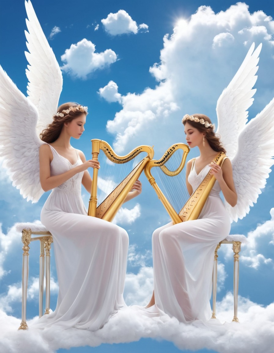 heaven, angels, harps, clouds