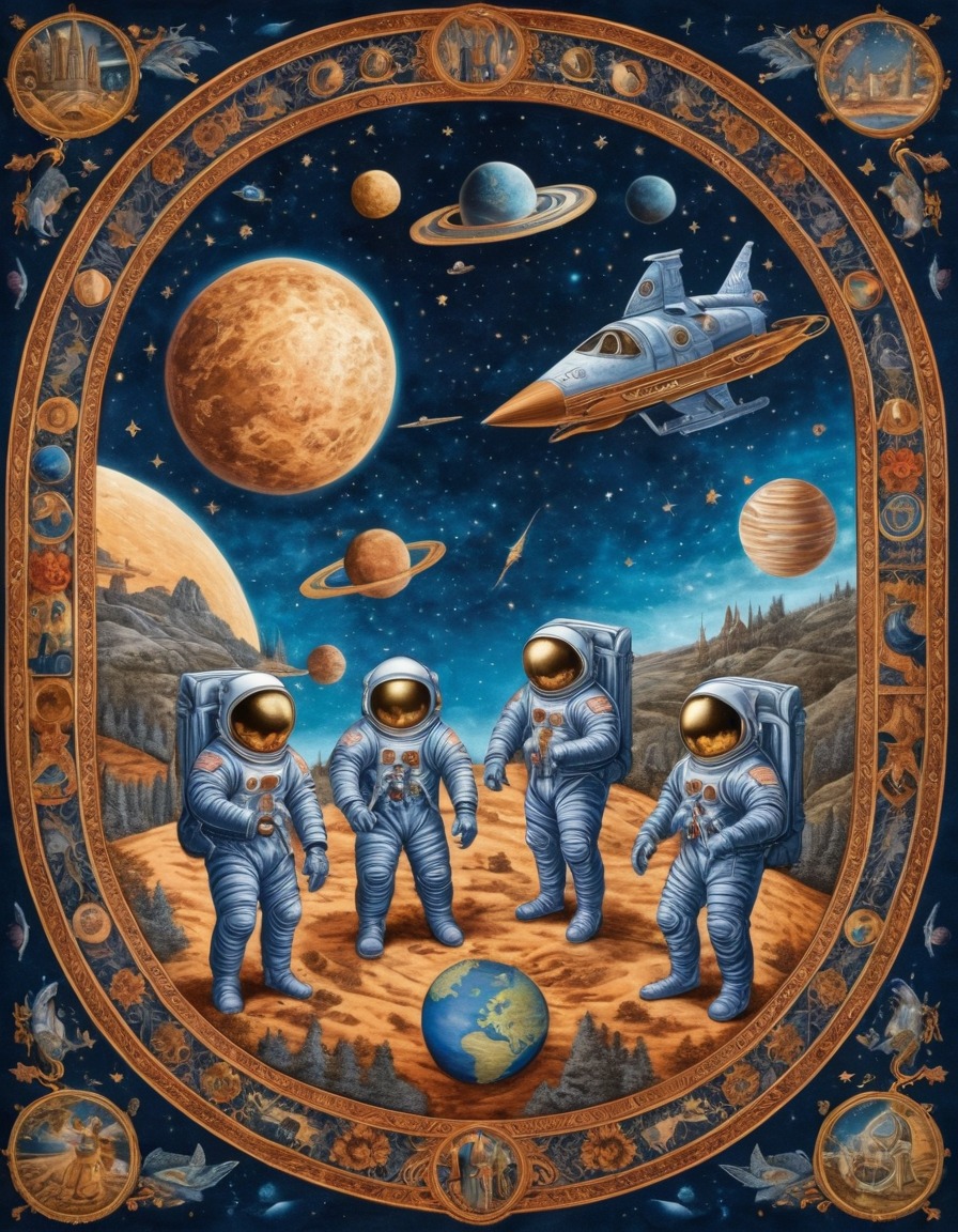 medieval tapestry, space voyage, astronauts, space suits, medieval, art