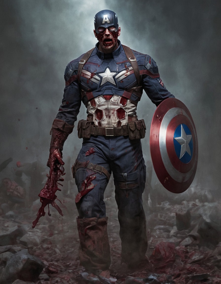 zombie, captain america, shield, blood, tattered uniform, marvel comics