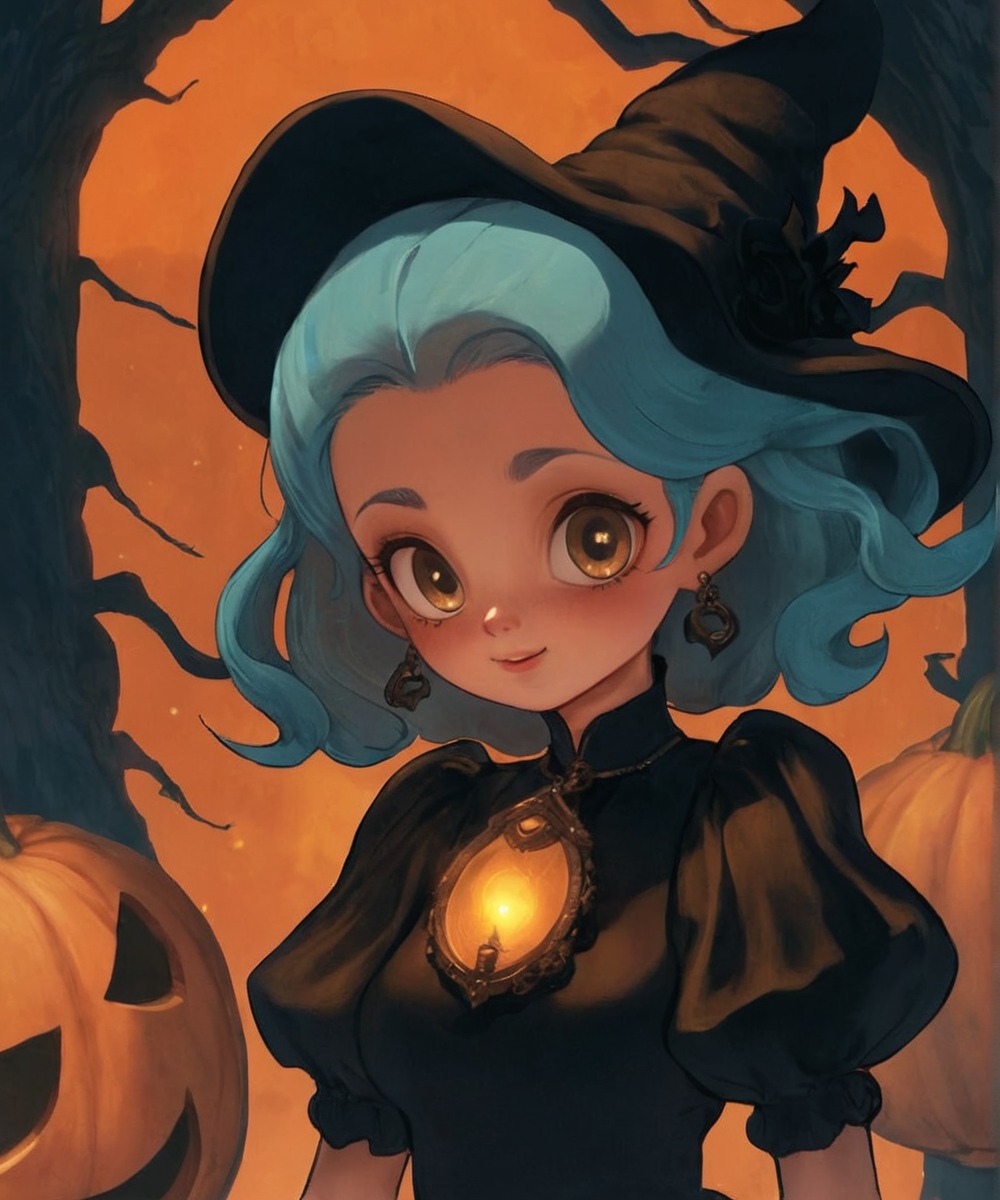 digitalart, anime, fanart, videogamefanart, animegirl, wallpaper, witch, cartoon, digitalpainting, portrait, originalcharacter, magic, animedrawing, halloween, beauty, bewitched, bluehairedgirl, fantasy, girl, pumpkin