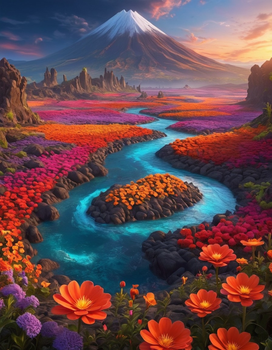 volcanic landscape, lava rivers, vibrant flowers, otherworldly, nature, geology, fantastic