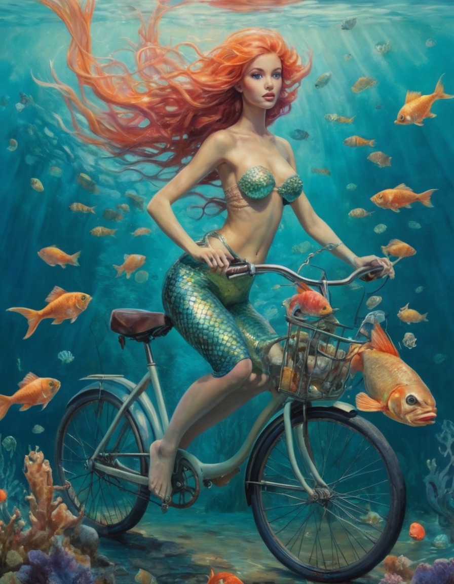 fantasy, mermaid, bicycle, underwater, fish, transportation, surreal