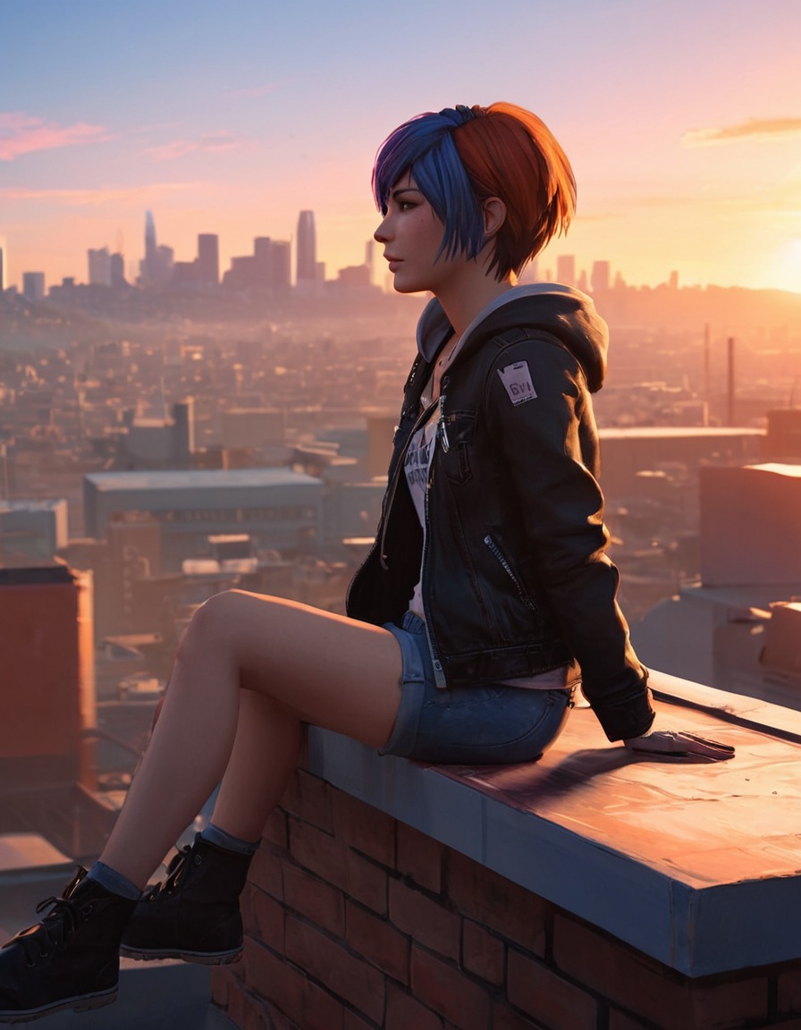 video game character, life is strange, chloe price, rooftop, sunset, cityscape, games, girls from games