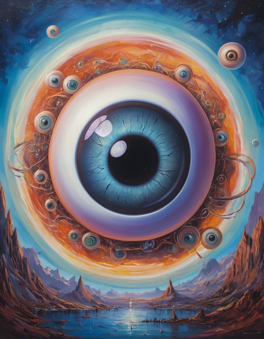 floating eyeball, surreal, fantasy, planetary rings, space, cosmic orb