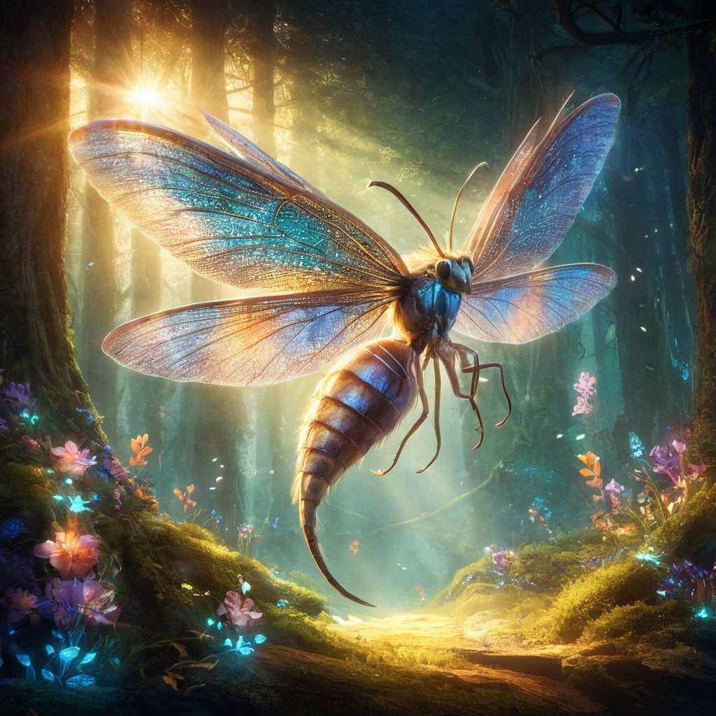 insect, digitalart, agile, animal, bee, butterfly, creature, dalle3, dnd, fantasy, flight, forest, mystical, rpg, sleek, sting, sunlight, wings, aiart