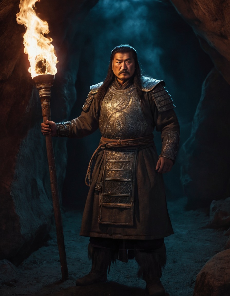 genghis khan, conqueror, mongolian empire, leader, torches, underground chamber