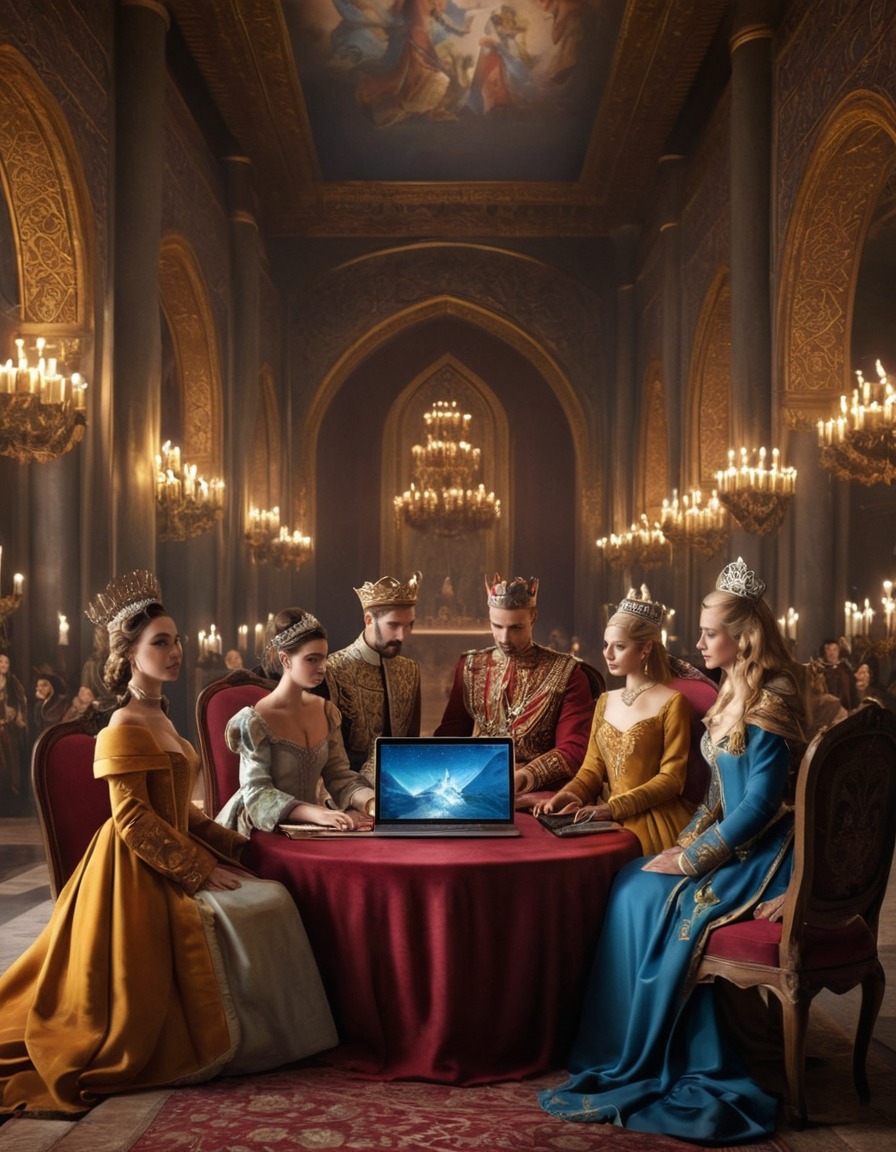 royal court, technology, laptops, tablets, medieval, art