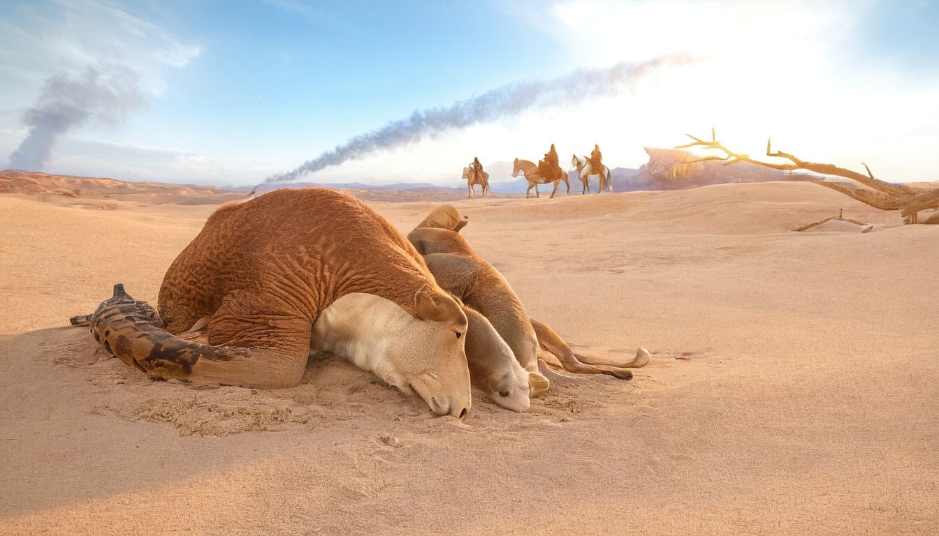 photomanipulation, 3dsmax, 3dsmaxrender, arabic, blue, camels, conceptart, corona, dead, desert, digital, environment, fallout, fanartdigital, illustration, nft, orange, photoshop, realistic, sand, scorpion, skull, sky, sun, west, environmentconceptart