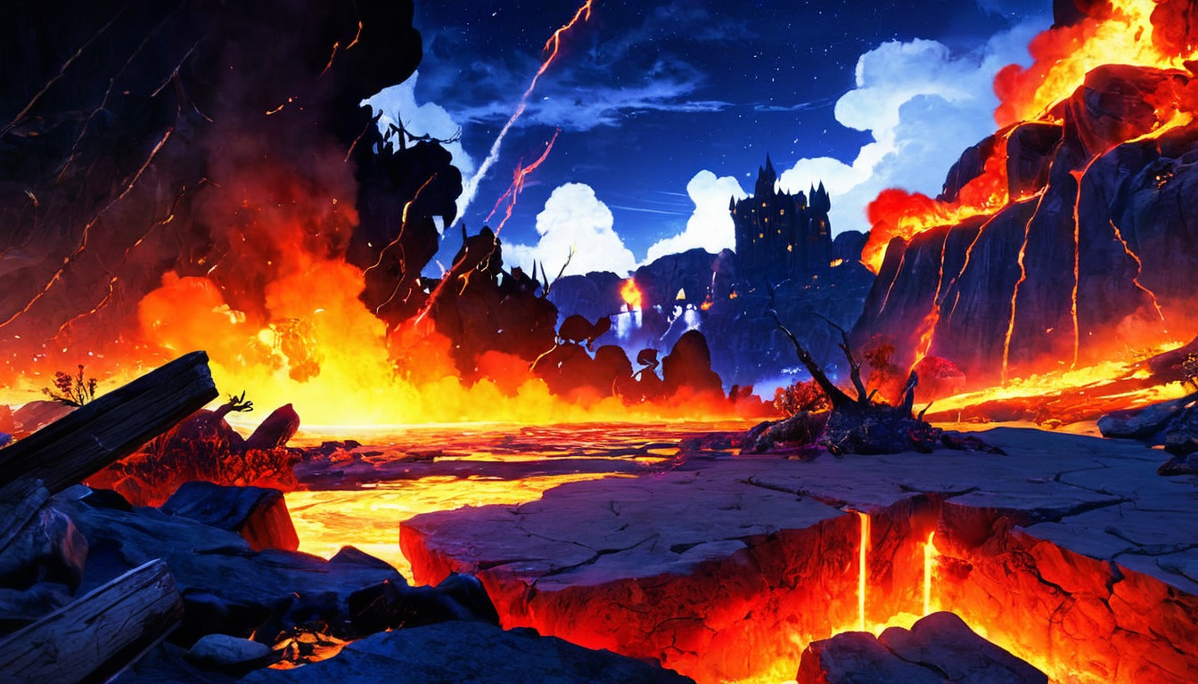 apocalyptic, drama, epic, lava, ruin, wallpaper, citydestruction, aiart, fire, wallpaper4k