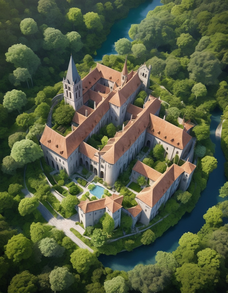 romanesque architecture, aerial view, buildings, lush greenery, architecture