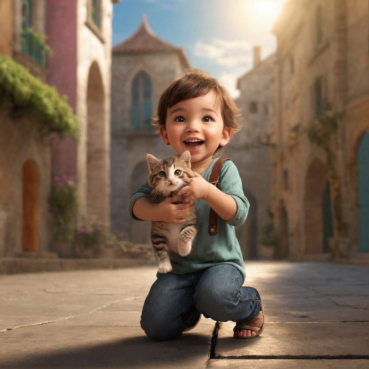 digitalart, child, excited, kitten, aiart