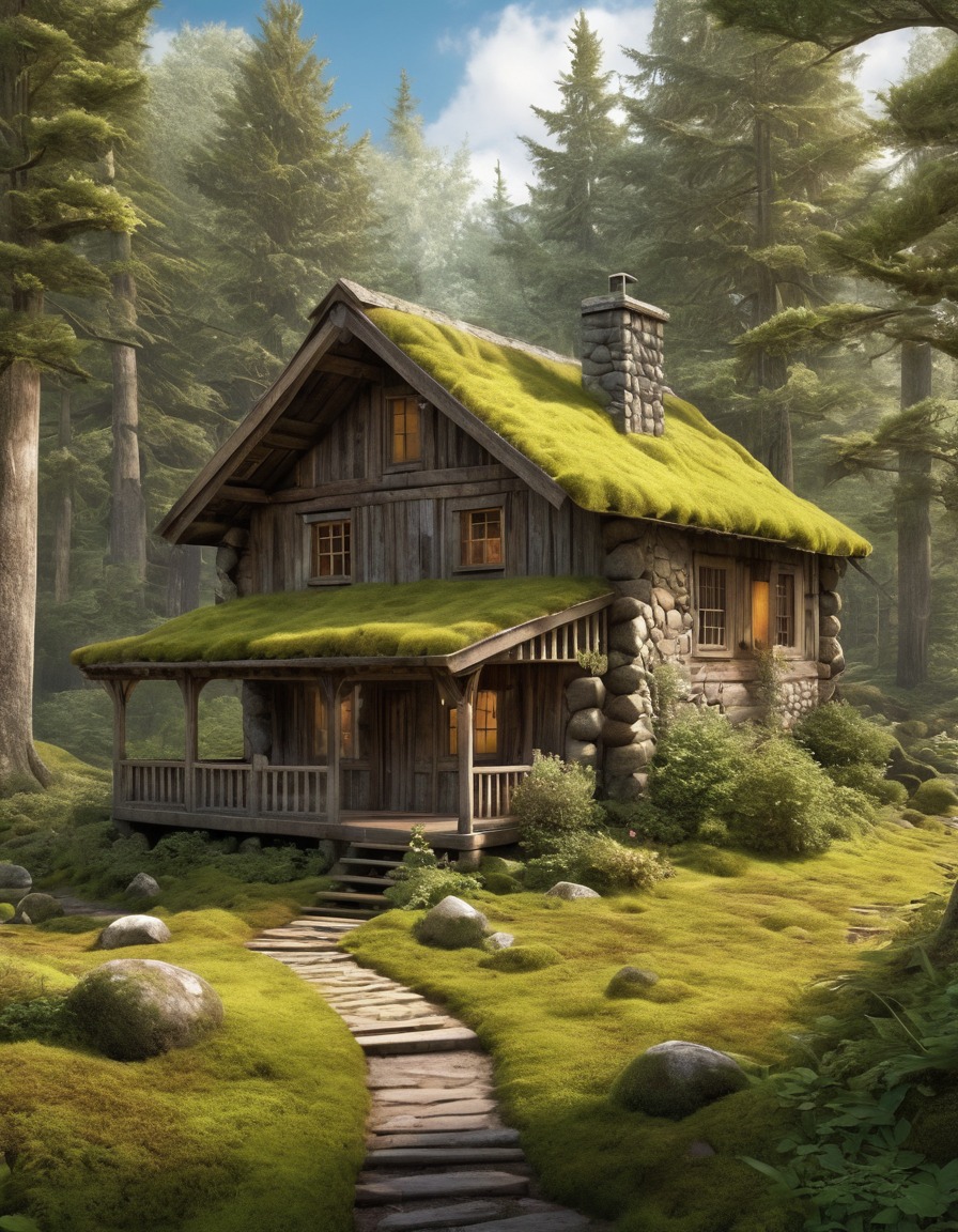 wooden cabin, grove, moss-covered trees, nature, rustic, cozy