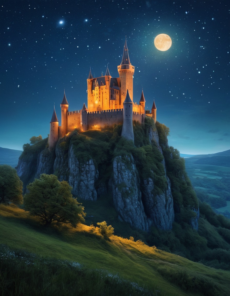 medieval castle, hilltop, starry night, architecture, historical, fantasy