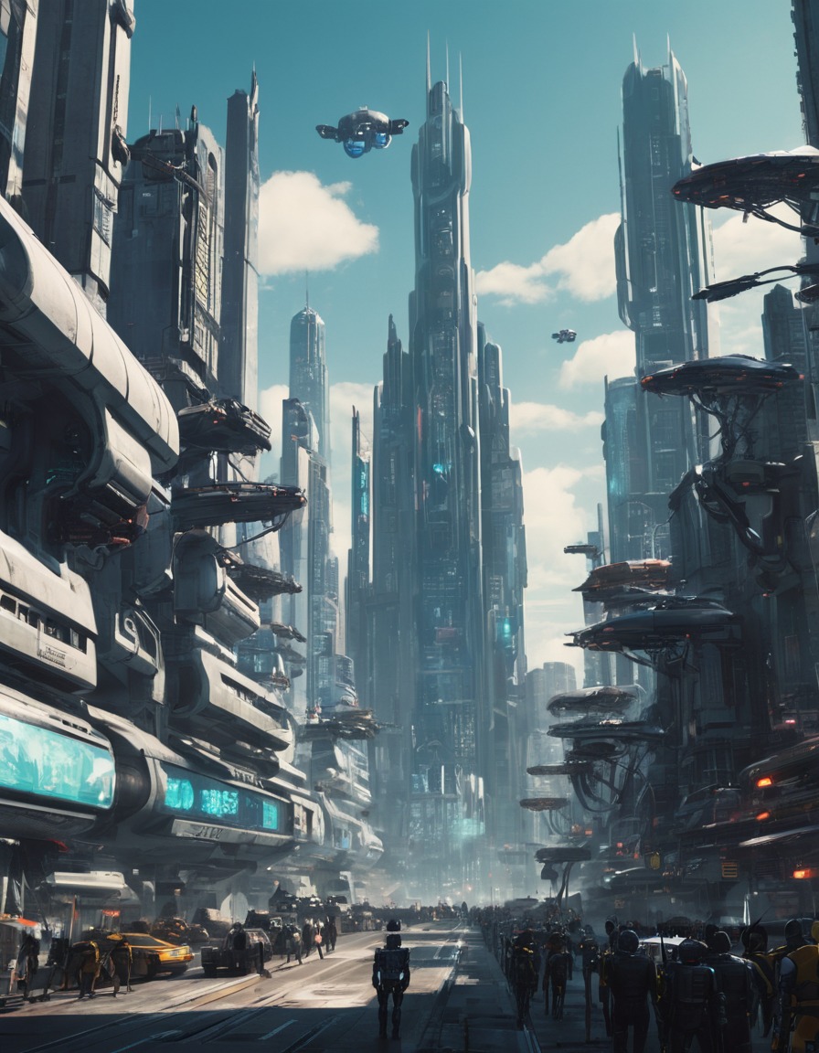 futuristic, cityscape, robots, towering, sleek