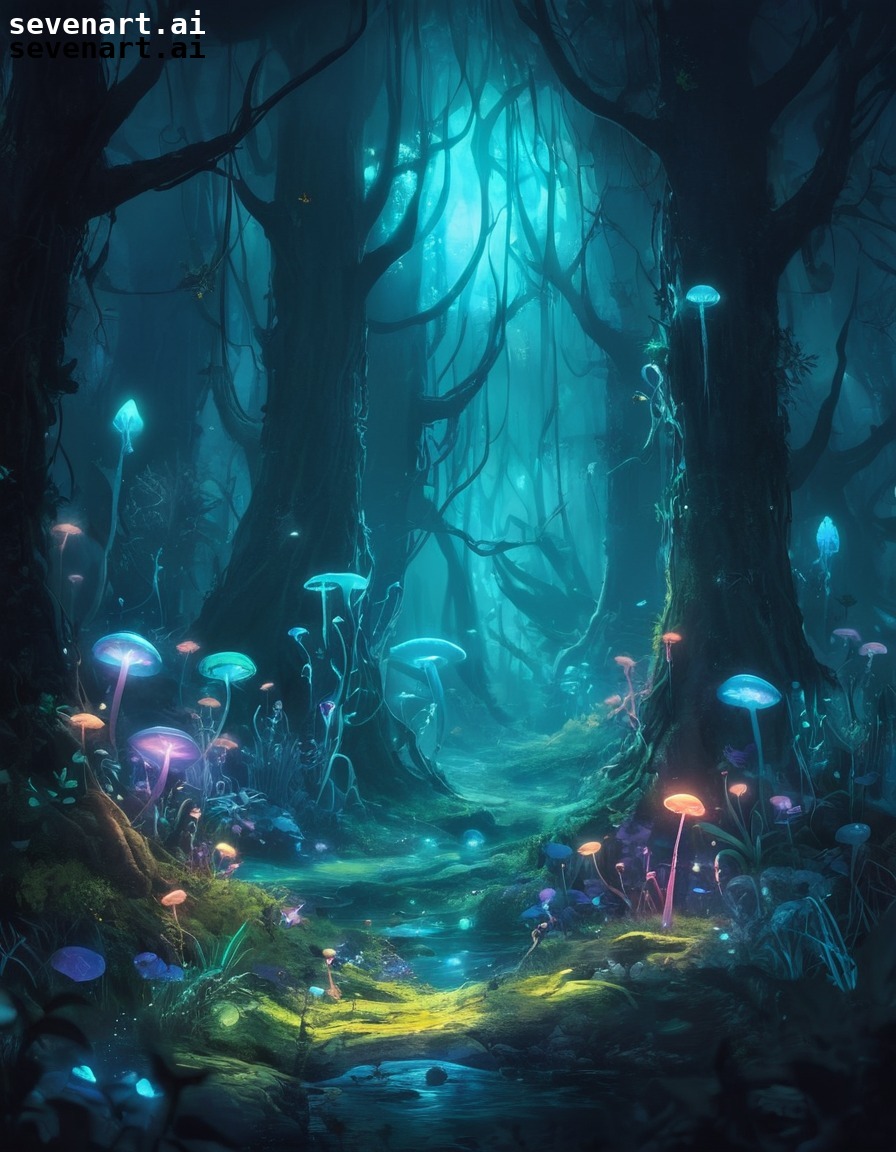 enchanted forest, bioluminescent plants, whimsical creatures, fantasy, magical atmosphere