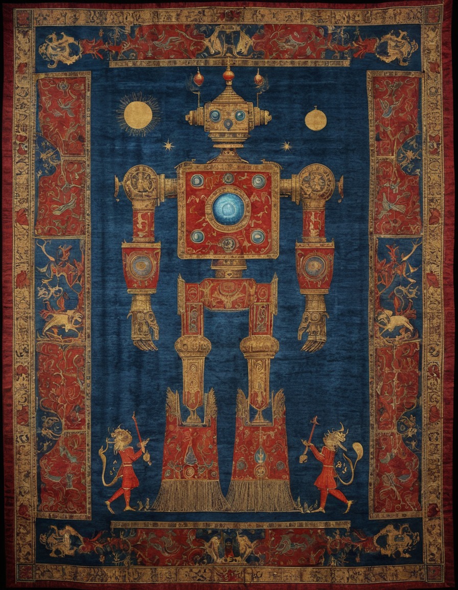 medieval, tapestry, robot, mythical creature, art