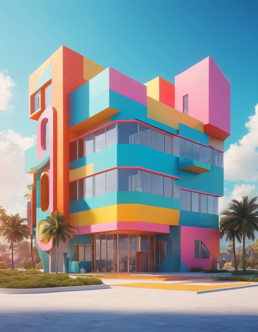 postmodern, architecture, colorful, geometric, whimsical